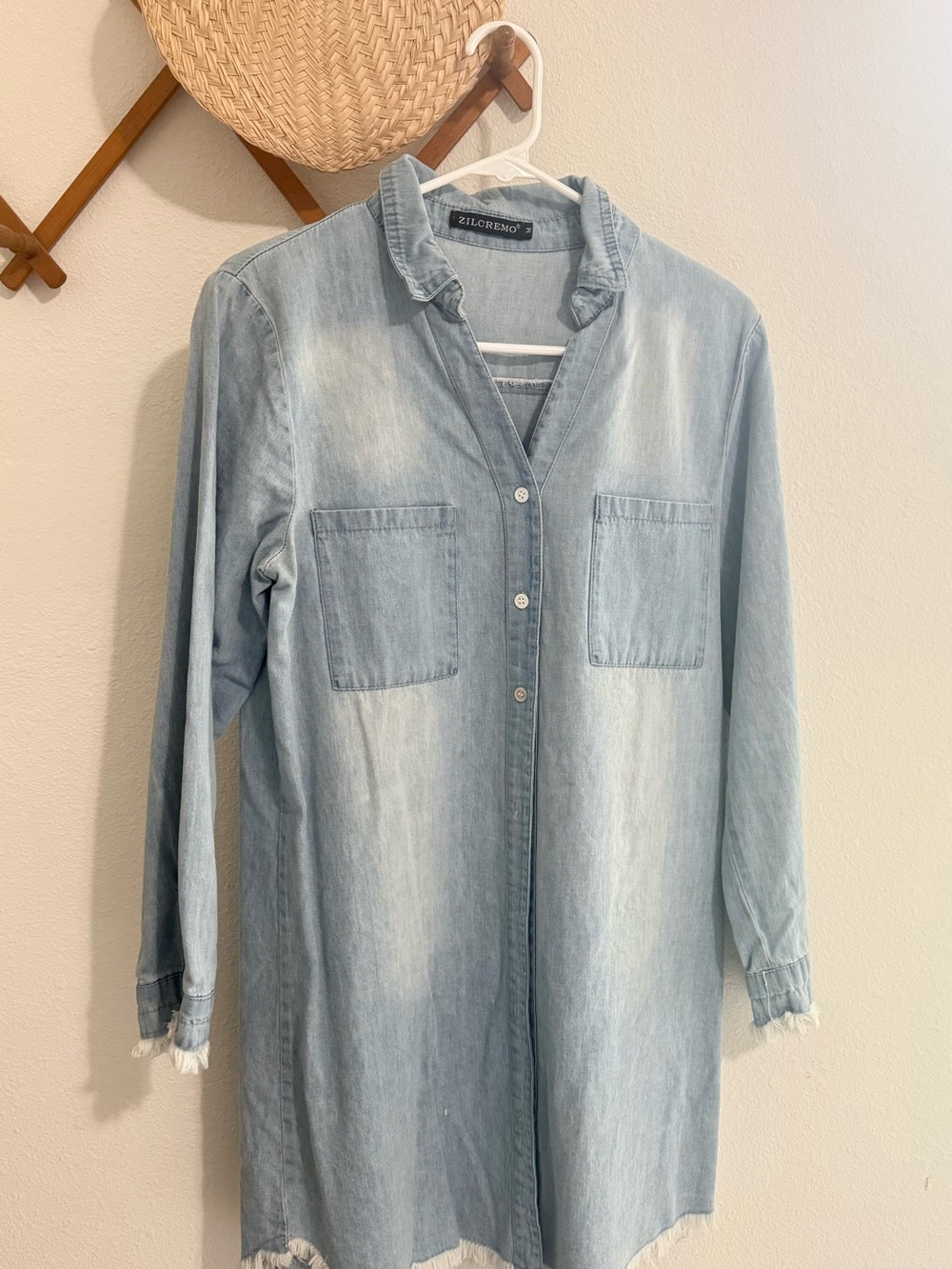 Zilcremo Light Wash Denim Long Sleeve Shirt Dress - Light Blue